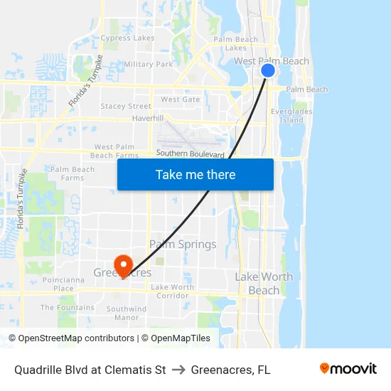 Quadrille Blvd at Clematis St to Greenacres, FL map