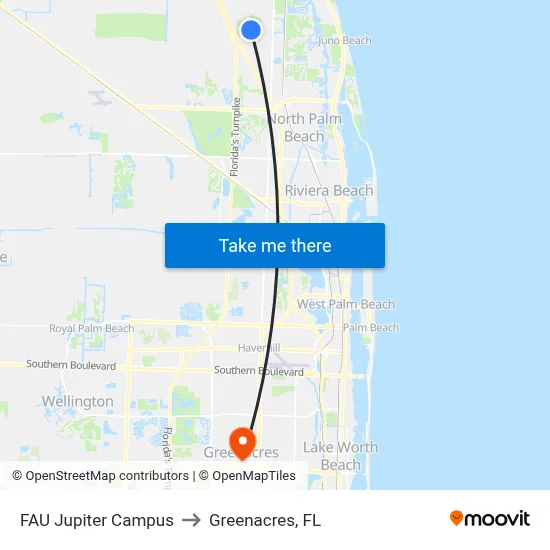 FAU Jupiter Campus to Greenacres, FL map
