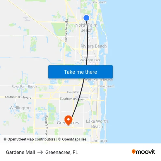 Gardens Mall to Greenacres, FL map