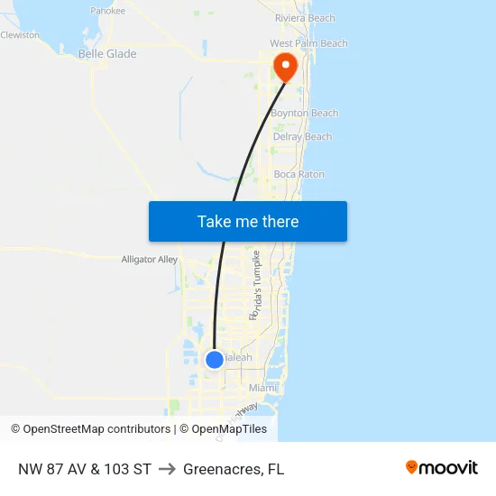 Nw 87 Av & 103 St to Greenacres, FL map