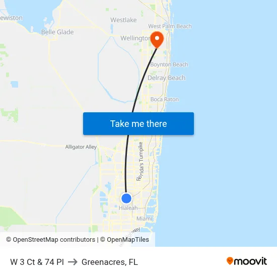 W 3 Ct & 74 Pl to Greenacres, FL map