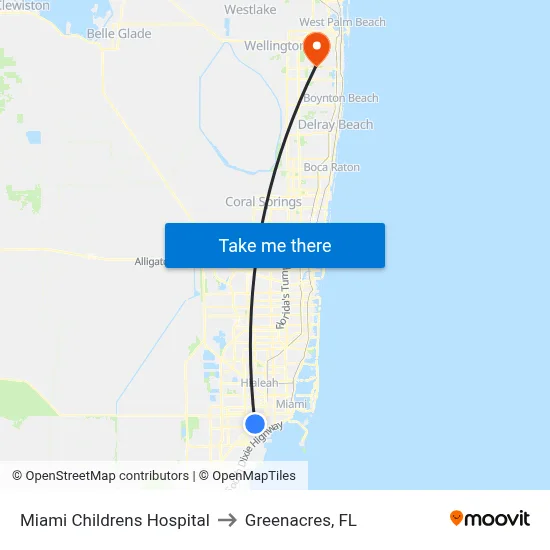 Miami Childrens Hospital to Greenacres, FL map