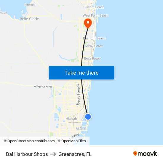 Bal Harbour Shops to Greenacres, FL map