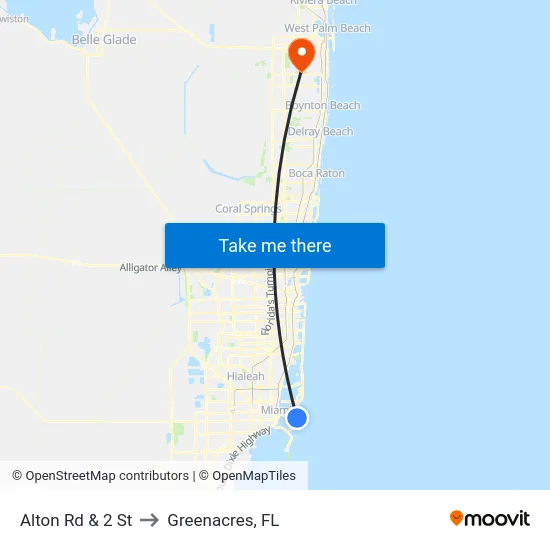 Alton Rd & 2 St to Greenacres, FL map