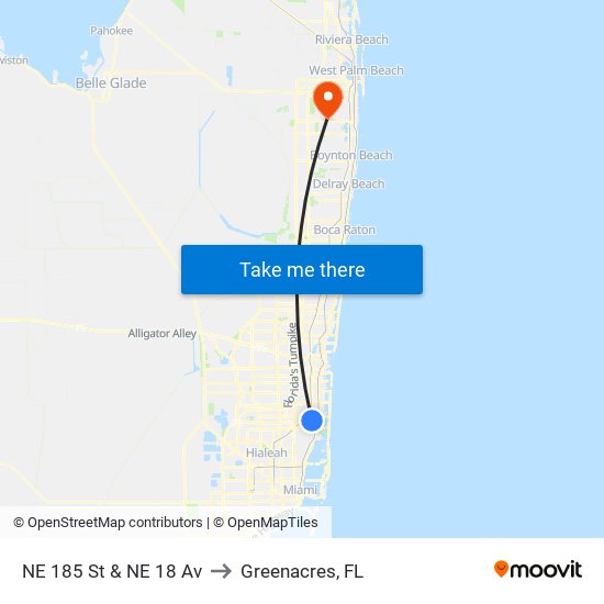 NE 185 St & NE 18 Av to Greenacres, FL map