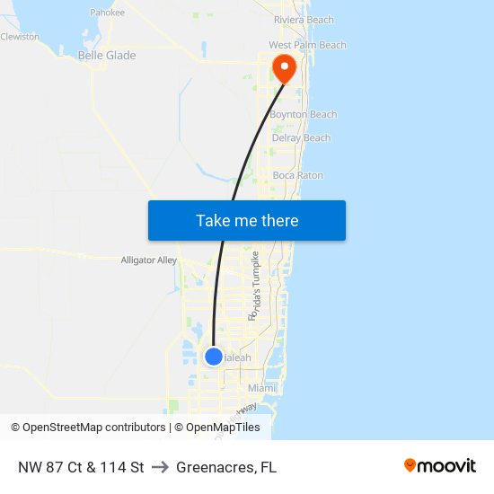 NW 87 Ct & 114 St to Greenacres, FL map