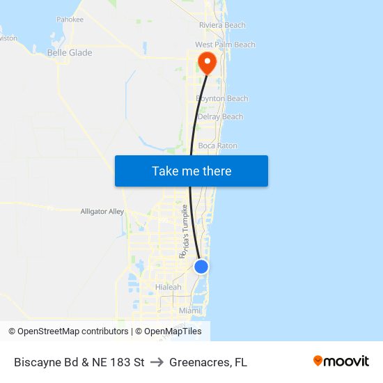 Biscayne Bd & NE 183 St to Greenacres, FL map