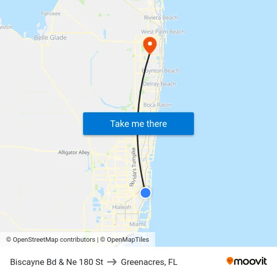 Biscayne Bd & Ne 180 St to Greenacres, FL map