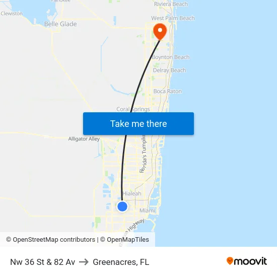 Nw 36 St & 82 Av to Greenacres, FL map