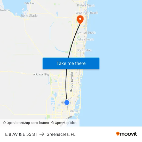 E 8 Av & E 55 St to Greenacres, FL map