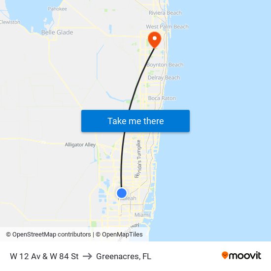 W 12 Av & W 84 St to Greenacres, FL map