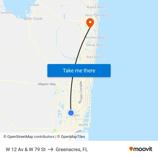 W 12 Av & W 79 St to Greenacres, FL map