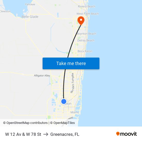 W 12 Av & W 78 St to Greenacres, FL map