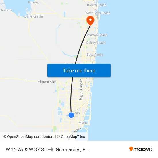 W 12 Av & W 37 St to Greenacres, FL map