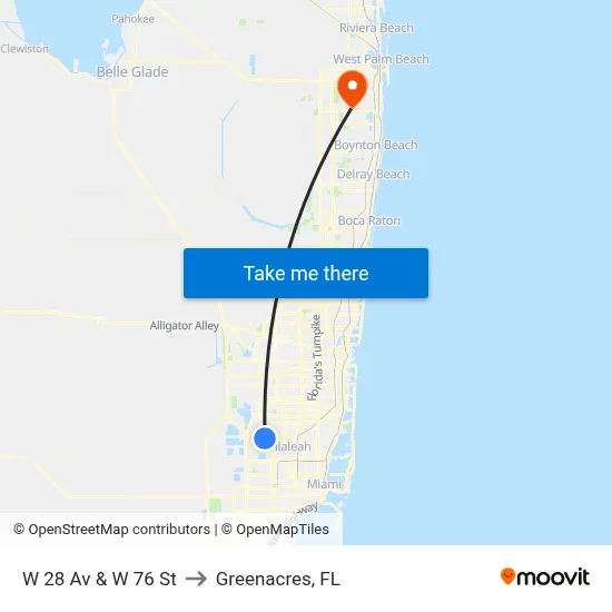 W 28 Av & W 76 St to Greenacres, FL map