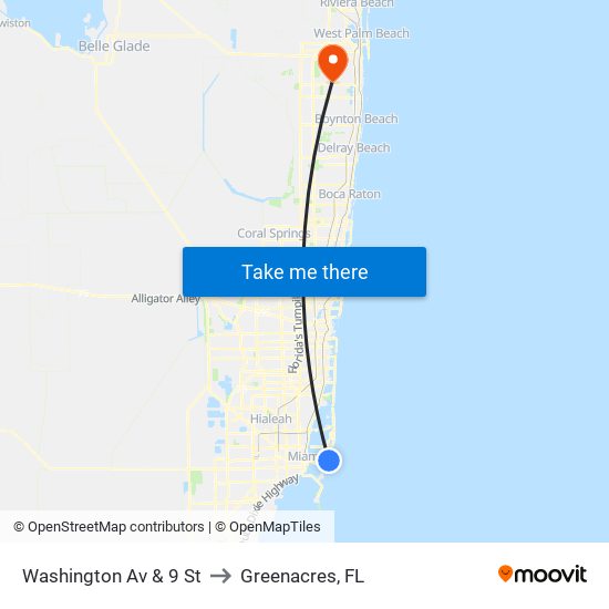 Washington Av & 9 St to Greenacres, FL map