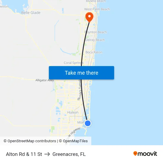 Alton Rd & 11 St to Greenacres, FL map