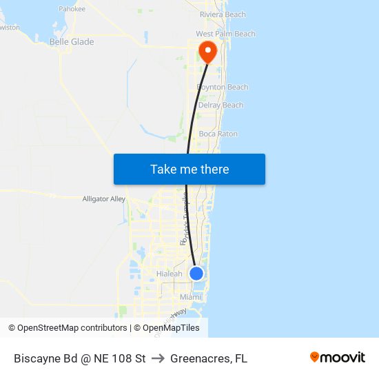 Biscayne Bd @ NE 108 St to Greenacres, FL map