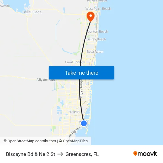 Biscayne Bd & Ne 2 St to Greenacres, FL map