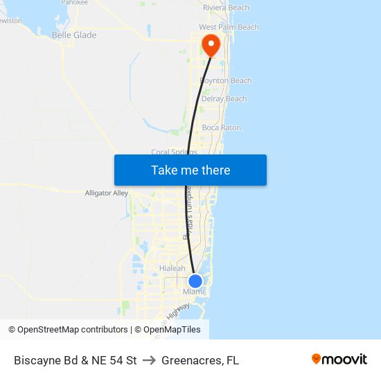 Biscayne Bd & NE 54 St to Greenacres, FL map