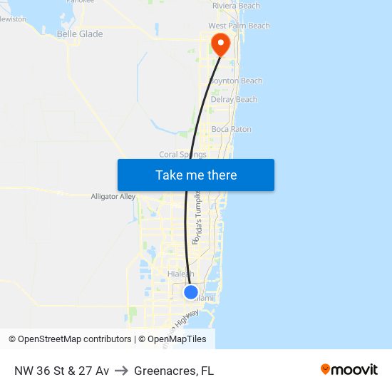 NW 36 St & 27 Av to Greenacres, FL map