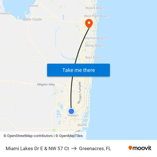 Miami Lakes Dr E & NW 57 Ct to Greenacres, FL map