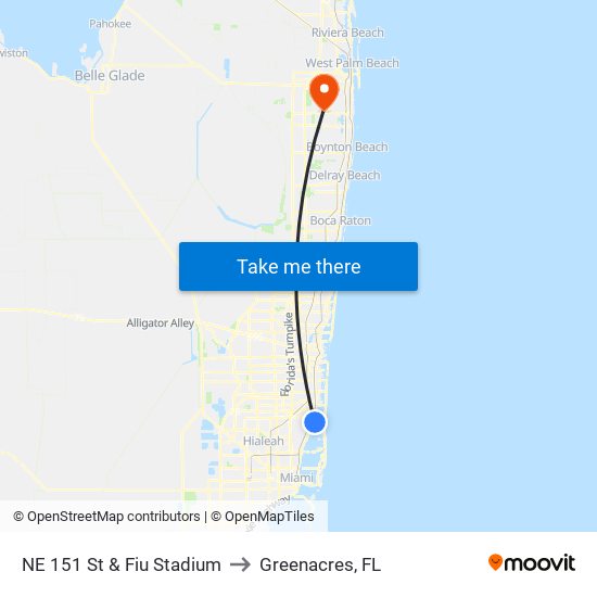 NE 151 St & Fiu Stadium to Greenacres, FL map