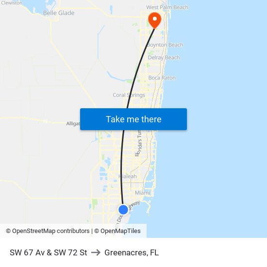 SW 67 Av & SW 72 St to Greenacres, FL map