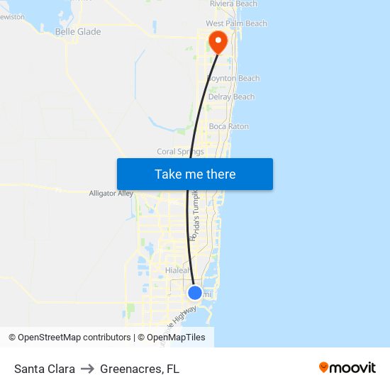 Santa Clara to Greenacres, FL map