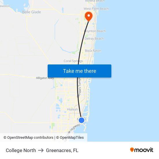 College North to Greenacres, FL map