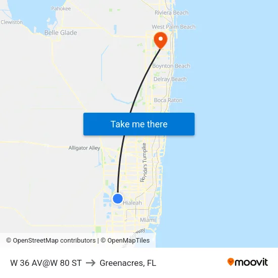 W 36 Av@w 80 St to Greenacres, FL map