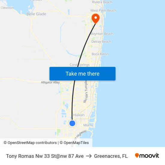 Tony Romas Nw 33 St@nw 87 Ave to Greenacres, FL map