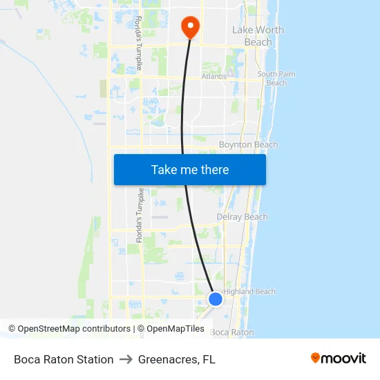 Boca Raton Station to Greenacres, FL map