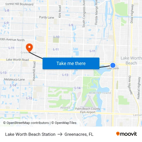 Lake Worth Beach Station to Greenacres, FL map