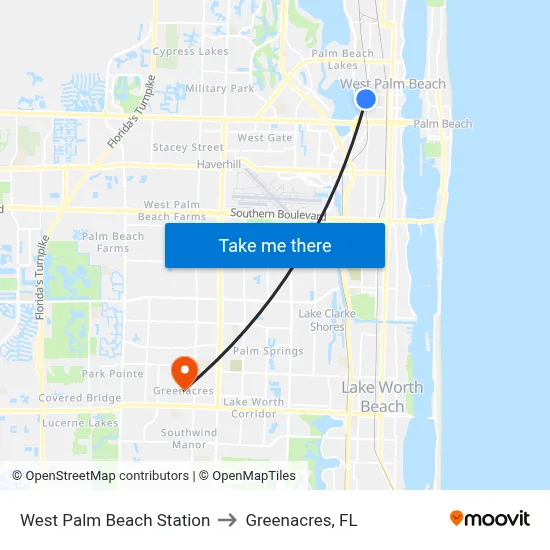 West Palm Beach Station to Greenacres, FL map