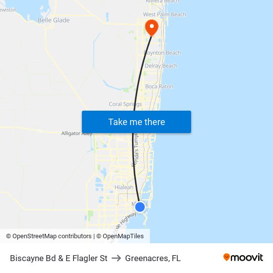 Biscayne Bd & E Flagler St to Greenacres, FL map