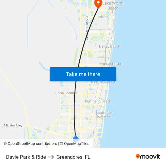 Davie Park & Ride to Greenacres, FL map