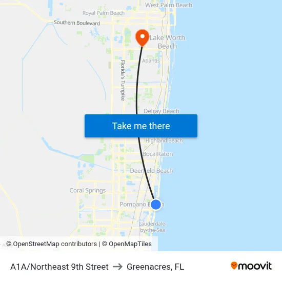 A1A/Northeast 9th Street to Greenacres, FL map