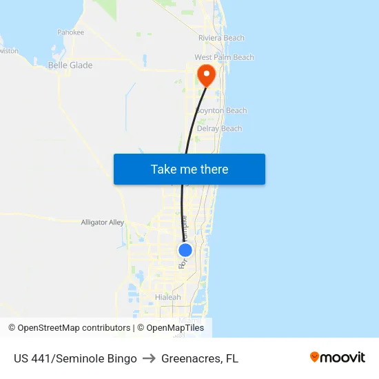 US 441/Seminole Bingo to Greenacres, FL map