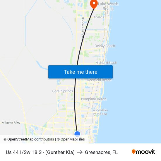 Us 441/Sw 18 S - (Gunther Kia) to Greenacres, FL map