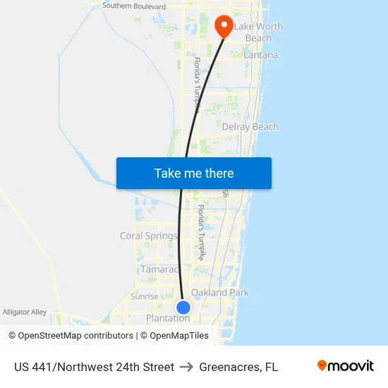 US 441/Northwest 24th Street to Greenacres, FL map