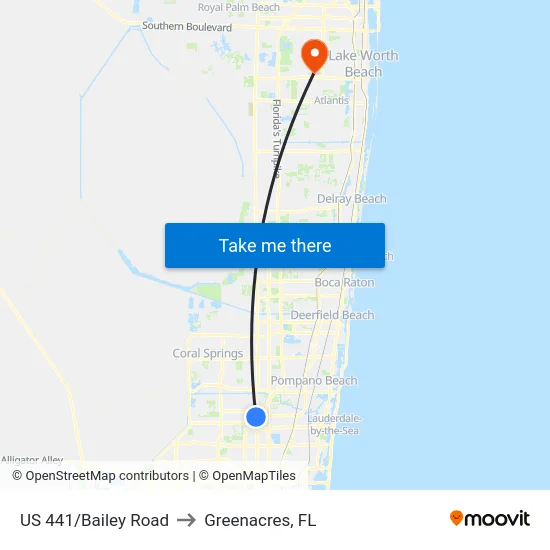 US 441/Bailey Road to Greenacres, FL map