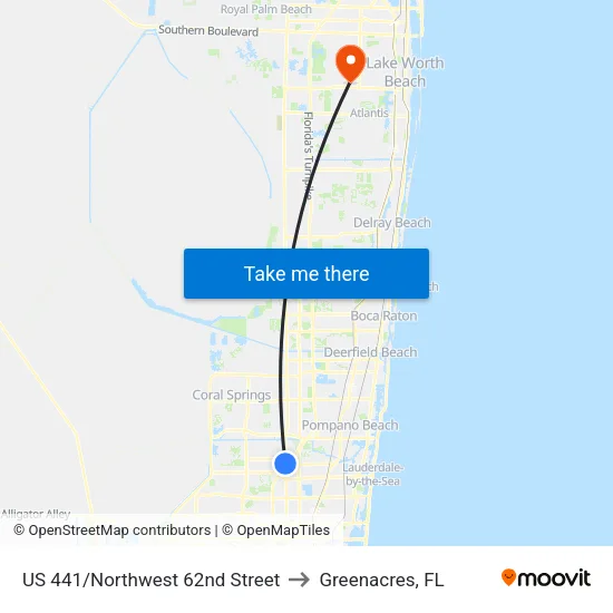 US 441/Northwest 62nd Street to Greenacres, FL map