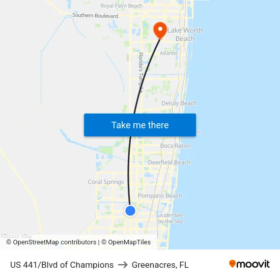 US 441/Blvd of Champions to Greenacres, FL map