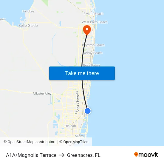 A1A/Magnolia Terrace to Greenacres, FL map