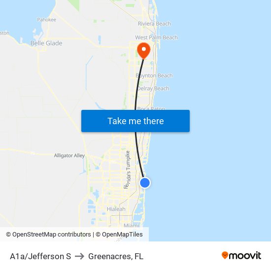 A1a/Jefferson S to Greenacres, FL map