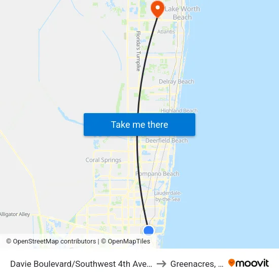 Davie Boulevard/Southwest 4th Avenue to Greenacres, FL map