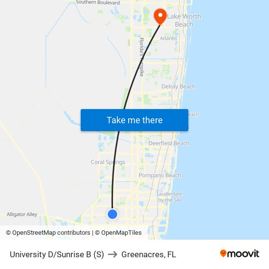 University D/Sunrise B (S) to Greenacres, FL map