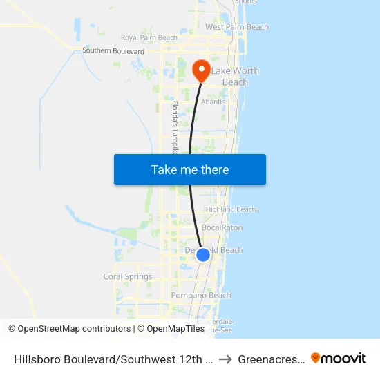 Hillsboro Boulevard/Southwest 12th Avenue to Greenacres, FL map