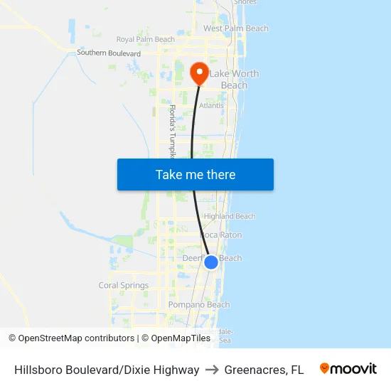Hillsboro Boulevard/Dixie Highway to Greenacres, FL map